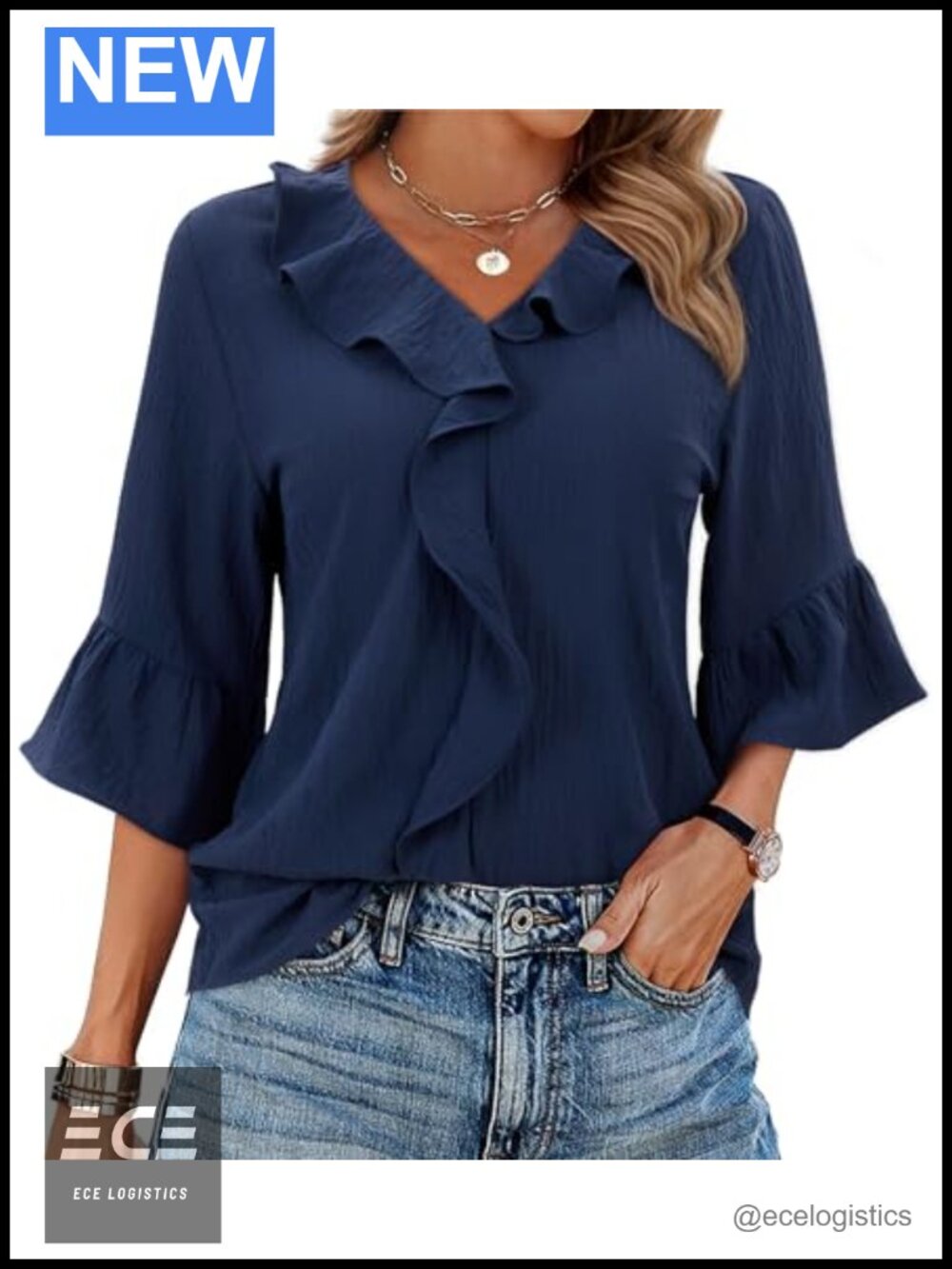 Women's 3/4 Sleeve Ruffle Bell Blouse V-Neck Pullover Work Top